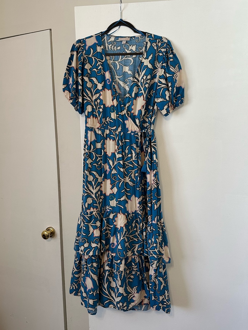 Blue Floral Wrap Midi Dress with Cream Accents